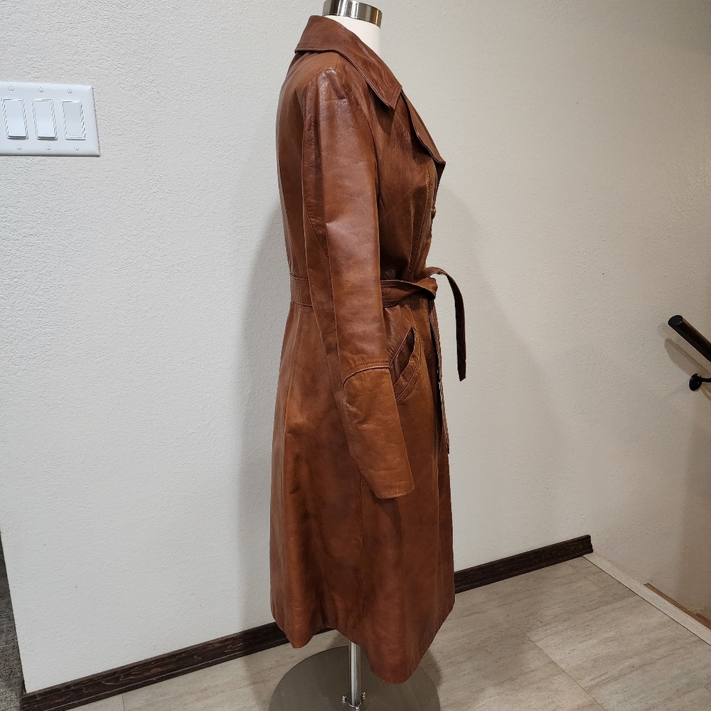 Vintage Leather Trench Coat Full Length 70s Genuine Cognac Leather size Medium - Picture 8 of 16